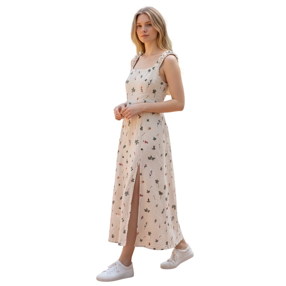 Zara Floral Embroidered Linen Blend Midi Dress Size Small